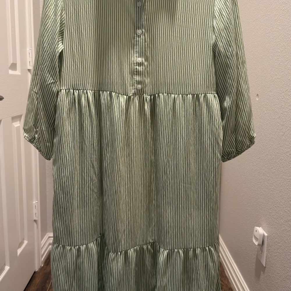 Banana Republic Pale Green Stripe Tiered Button-Front Dress